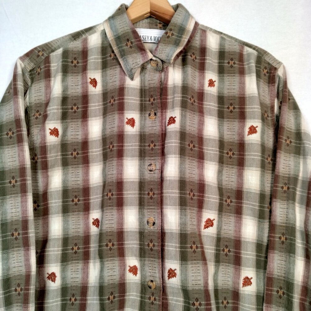 Vintage Casey And Max Blouse Women L Brown Plaid Embroidered Leaf Leaves Fall - Picture 3 of 15